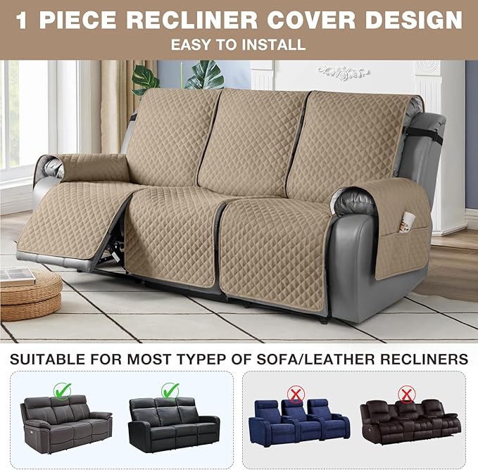 TAOCOCO Waterproof Recliner Couch Covers Sofa Slipcover for 3 Cushion Couch, Pet Sofa Cover for 3 Seat Recliner, Washable Reclining Sofa Cover Furniture Protector with Straps(3 Seater, Camel)