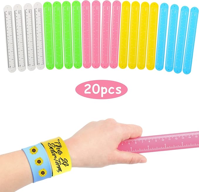 FOIMAS 20pcs Ruler Slap Bracelets for Kids,Silicone Snap Bracelet Wristband for Boys Girls Party Favor Supply Classroom Prize