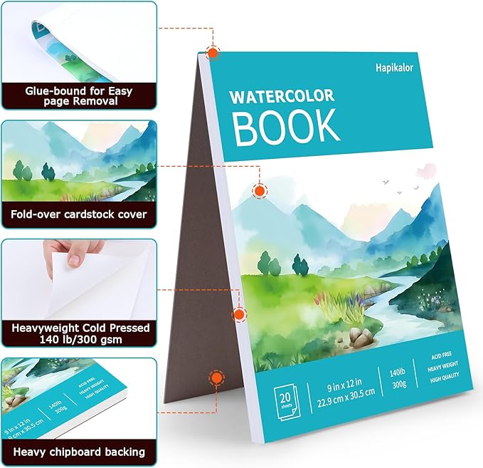 Hapikalor 9"x12" Watercolor Sketchbook, 1-Pack Spiral Bound, Water Color Paper, 140lb/300gsm Watercolor Paper, Watercolor Notebook, Watercolor Journal, Watercolor Sketch Pad, School Supplies, Teal