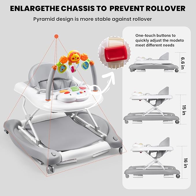 Boyro Baby Baby Walker, 5-in-1 Baby Walkers for Boys and Girls 6-12 Months with Bouncer, Removable Footrest, Feeding Tray & Music, Foldable & Adjustable Activity Walker for 6-18 Months Toddler Infant