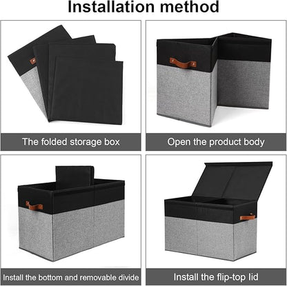 Gowee Large Toy Storage Box with Lid, Sturdy Toys Storage Chest Bin Organizer Basket with Dividers for Kids, Boys, Girls, Nursery, Closet, Bedroom, Playroom 25"x13" x16" (Black and Grey)