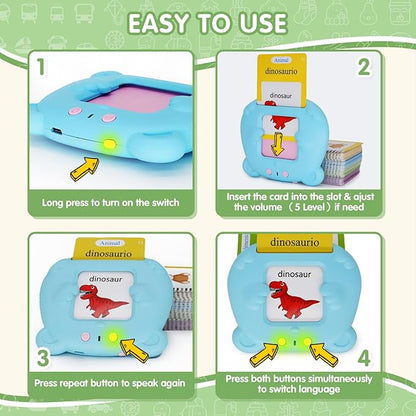 Whongkidz Spanish Talking Flash Cards, Bilingual Toy for Kids Toddlers Pocket Speech Audible Flashcards, Educational Autism Sensory Toys for Autistic Children, Speech Therapy Toys (Blue_112 Cards)