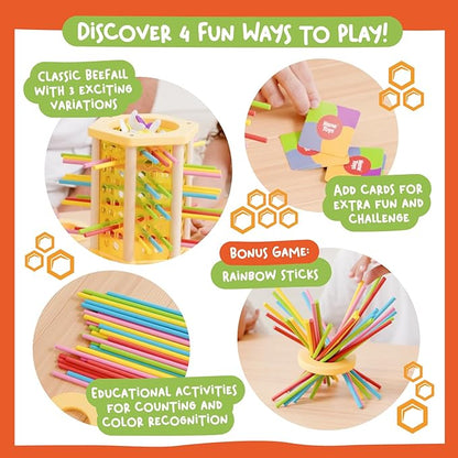 Nene Toys BeeFall, 4-in-1 Wooden Honey Bee Toy for Kids Ages 3-9 - Educational Game with Wooden Honeybee Hive, 12 Bees, Colorful Sticks, Dice & Cards - Fun Family Game for Cognitive Development