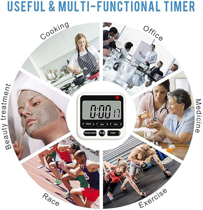 Digital Kitchen Timer with Mute/Loud Alarm Switch ON/Off Switch, 12 Hour Clock & Alarm, Strong Magnet and Simple Operation, Count Up & Count Down for Kids Teachers Cooking, Large LCD Display (Black)