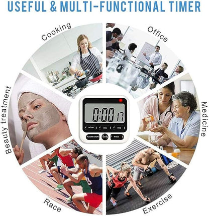 Digital Kitchen Timer with Mute/Loud Alarm Switch ON/Off Switch, 12 Hour Clock & Alarm, Strong Magnet and Simple Operation, Count Up & Count Down for Kids Teachers Cooking, Large LCD Display (Black)