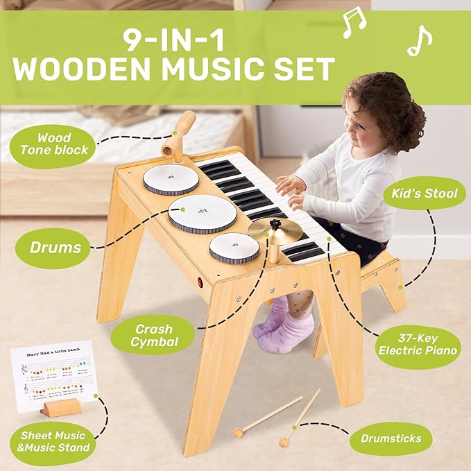OATHX Kids Piano Keyboard, 37 Keys Digital Piano Toys with Drum Set and Stool, Volume Adjustable, 9 in 1 Musical Instruments for Kids Toddlers Baby Children, Wooden Mini Piano Gifts for Girls Boys 3+