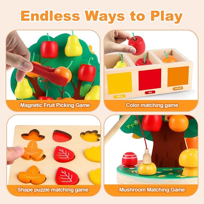 INIFEIDALA Montessori Toys for 3 4 5 6 Year Old - Wooden Sensory Toy for Toddlers - Shape Sorting Puzzle for Fine Motor Skills - Apple Picking Magnetic Tree Toy,Hand-Eye Coordination,Color Recognition