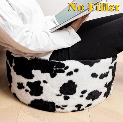 Asuprui Pouf Ottoman Unstuffed, Faux Rabbit Fur Cover, No Filler, 18" Round, Black and White