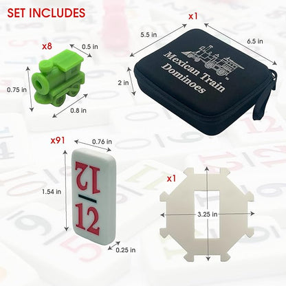 Double 12 Mexican Train Number Dominoes to Go Travel Size with Zip Up Case, Hub & 8 Domino Trains