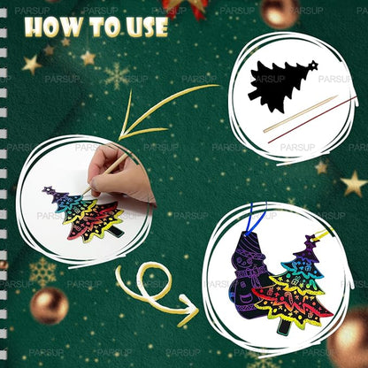 96Pcs Christmas Tree Snowman Scratch Paper Rainbow Color Scratch Ornaments Christmas Decorations Hanging Craft Art Kits with Wooden Stick and Ribbon for Kids Christmas Winter Party Favors