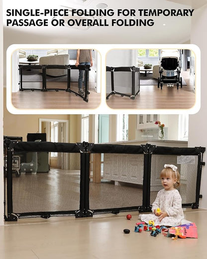 Extra Wide Baby Gate Playpen with Heat-Resistant Mesh,3 Panel Foldable Baby Fence,Indoor/Outdoor Safety Barrier,Dog Playpen & Fireplace Gate