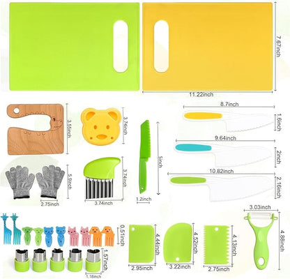 29PCS Kitchen Tools for Toddlers Kids Cooking Sets Safe Knife Set for Real Cooking Include Toddler Knives Cutting Board Bear Sandwich Cutter Fruit Crinkle Cutter Peeler Gloves Fruit Forks for Birthday