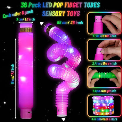 76 Pcs Glow Sticks Light Up Pop Tubes &LED Glasses Party Favors, Glow Bracelets Necklaces Camping Toys, Rave Neon Flashing Glasses for Birthday Return Gift Goodie Bag Christmas Stuffer School Prizes
