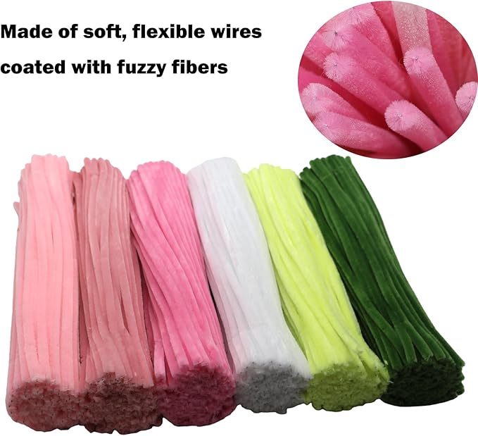 Swpohrat 600 Pcs Thick Craft Pipe Cleaners Bulk 6 Assorted Colors,12 Inch Chenille Stem Pipecleaner Kit for Craft Animals, Flowers Making,Creative DIY Decorations (Pink Flower Color)