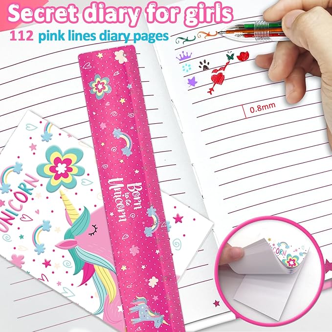 Unicorn Girls Diary with Lock, Set of Diary for Girls Incl. Kids Journal with Lock & Pen (6-Multicolor) Memo Ruler Sharpener Eraser Pink Girls Journal Writing Notebooks for Kids Gifts for Girls 6-8