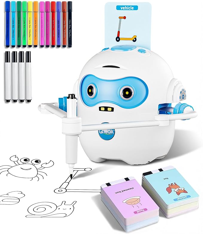 Drawing Robot for Kids, Rechargeable 4-in-1 Draw/Learn/Spell/Music Interactive Educational Robot Drawing Machine with 100 Cards & 12 Color Pens, Learning Toys for 3-8 Year Old Boys Girls Birthday Xmas