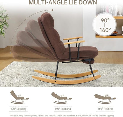 Rocking Chair with Footrest-Glider Rocker Chair with Retractable Footrest and Adjustable Backrest, Teddy Upholstered Rocking Chair Set of 2, Accent Chair for Living Room/Nursery/Bedroom/Outdoor-Brown