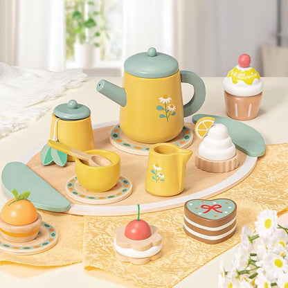 Toyssa Wooden Tea Party Set for Little Girls Toys Toddler Pretend Food with Tea Tray & Play Kitchen Accessories, Wooden Toys for Toddlers 3 4 5 6 Years Old, Birthday Kids Girls Gifts 3-6