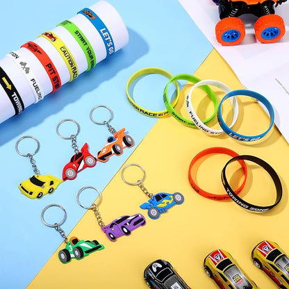 Aoriher 48 Pcs Race Car Birthday Party Favors Racing Rubber Bracelets and Car Theme Keychains Racing Party Goodie Bag Fillers Classroom Rewards for Girls and Boys Birthday Party Decoration Supplies