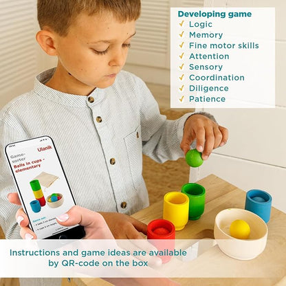 Ulanik Balls in Cups Starter Kit Toddler Montessori Toys for 1+ Year Old Kids Wooden Matching Game for Learning Color Sorting and Counting — 4 Balls, 1.18 in