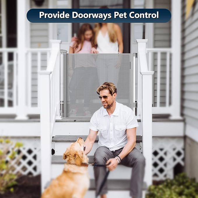 Bulubaky Extra Tall Safety Retractable Baby Gate Adjustable Wide Retractable Dog Gate Mesh Baby Gate Child Gate for Doorway, Hallway, Stair Gates for Kids or Pets (Grey, 33" Tall x 110")