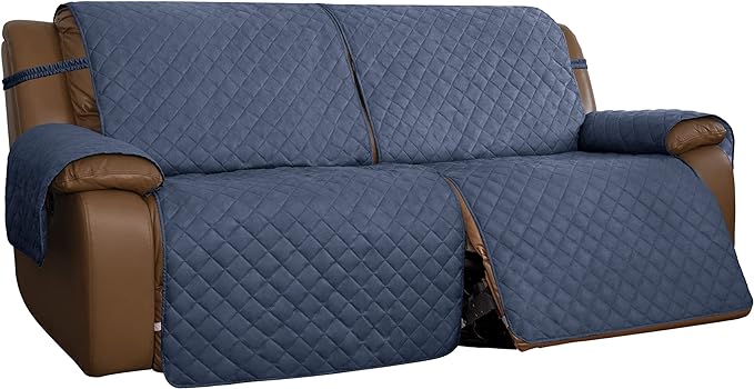 Easy-Going Recliner Sofa Cover, Reversible Couch Cover for Double Recliner, Split Sofa Cover for Each Seat, Furniture Protector with Elastic Strap for Kids, Dogs, Pets(2 Seater, Dark Blue/Light Blue)