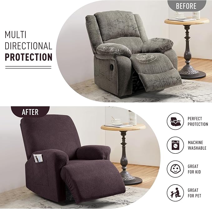 KinCam Recliner Covers, Stretch Reclining Chair Covers, Recliner Sofa Slipcovers Stripe Jacquard Recliner Couch Covers Furniture Protector Covers for Pet Kid (1 Seater, Chocolate)