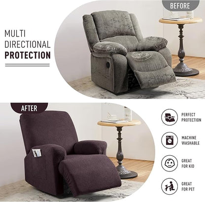 KinCam Recliner Covers, Stretch Reclining Chair Covers, Recliner Sofa Slipcovers Stripe Jacquard Recliner Couch Covers Furniture Protector Covers for Pet Kid (1 XL Seater, Chocolate)