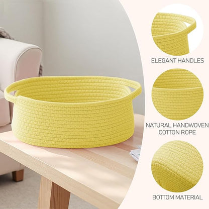 JMvicyroam Woven Basket,Small Rope Storage Bin with Handles & Ribbon Bag, Organizer for Shelves Closets,Gift Basket Empty for Birthday,Books,Dog Toys, Yellow/2 Pack