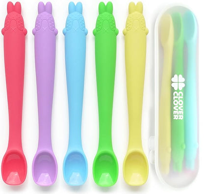 Silicone Baby Feeding Spoons-First Stage, Bendable Utensils for Infant & Parent-Baby Led Weaning, Toddler Self-Feeding & Training-Soft-Tip, Chewproof Teether l 4 Months + [5 Pack with a Portable Case]