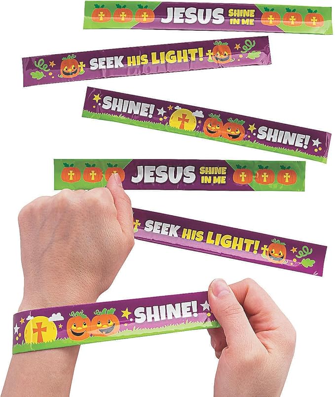 Fun Express Christian Pumpkin Slap Bracelets - 12 Pieces - Religious Halloween Supplies, Sunday School Handouts
