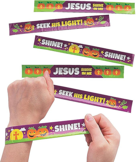 Fun Express Christian Pumpkin Slap Bracelets - 12 Pieces - Religious Halloween Supplies, Sunday School Handouts