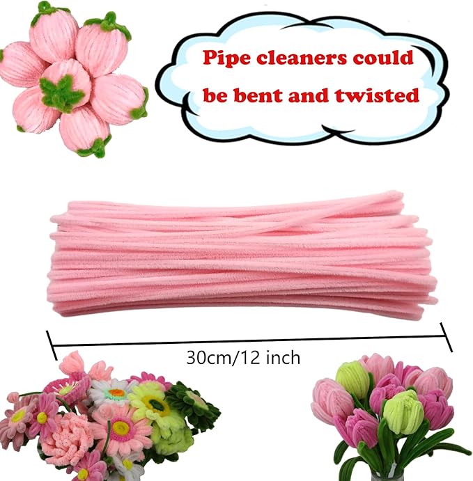 Swpohrat 600 Pcs Thick Craft Pipe Cleaners Bulk 6 Assorted Colors,12 Inch Chenille Stem Pipecleaner Kit for Craft Animals, Flowers Making,Creative DIY Decorations (Pink Flower Color)