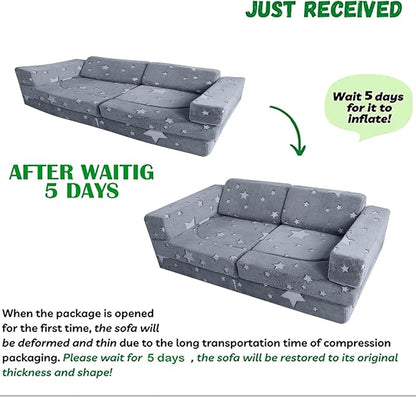 MeMoreCool Kids Couch, 10 Piece Modular Play Couch for Playroom, Fold Out Glow Star Toddler Bed, Foam Building Sofa for Boys and Girls