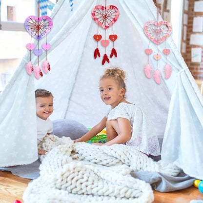 Fennoral 6 Pack Heart Dream Catcher Craft Kit for Kids Paint You Own Love Heart Dream Catcher DIY Coloring Mother's Day Wooden Art and Craft for Art Activity Project Valentine's Day Decoration