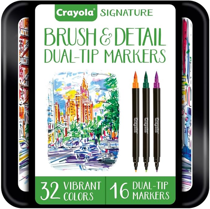 Crayola Brush & Detail Dual Tip Marker Set, 16 Markers, 32 Colors, Adult Coloring Markers, Gifts for Teens & Adults