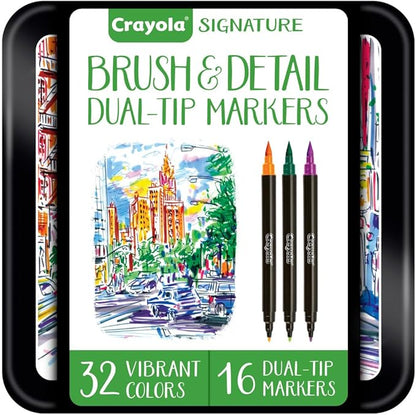Crayola Brush & Detail Dual Tip Marker Set, 16 Markers, 32 Colors, Adult Coloring Markers, Gifts for Teens & Adults