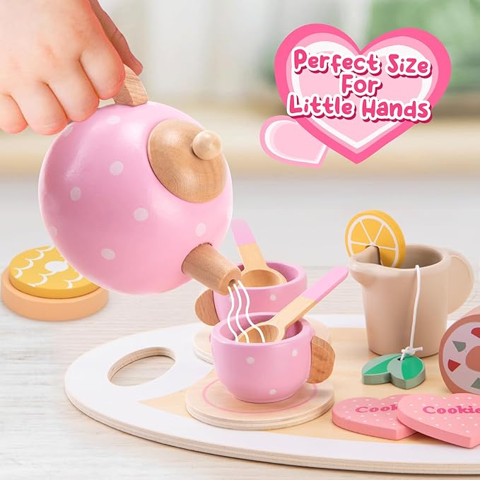 Atoylink Wooden Tea Party Set for Little Girls Toys Kids Play Kitchen Toddler Tea Set with Play Food & Cupcake Stand Pretend Play Wooden Toys for 2 3 4 5 6 Year Old Girl Christmas Birthday Gift, Pink