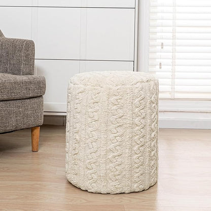 Round Ottoman Foot Rest14.6x14.6x18 Inches Boucle Ottoman Multifunctional Pouf Ottoman Foot Stool Fluffy Fur Ottoman Stool Pouf Footrest Stool for Living Room Bedroom (Ivory)