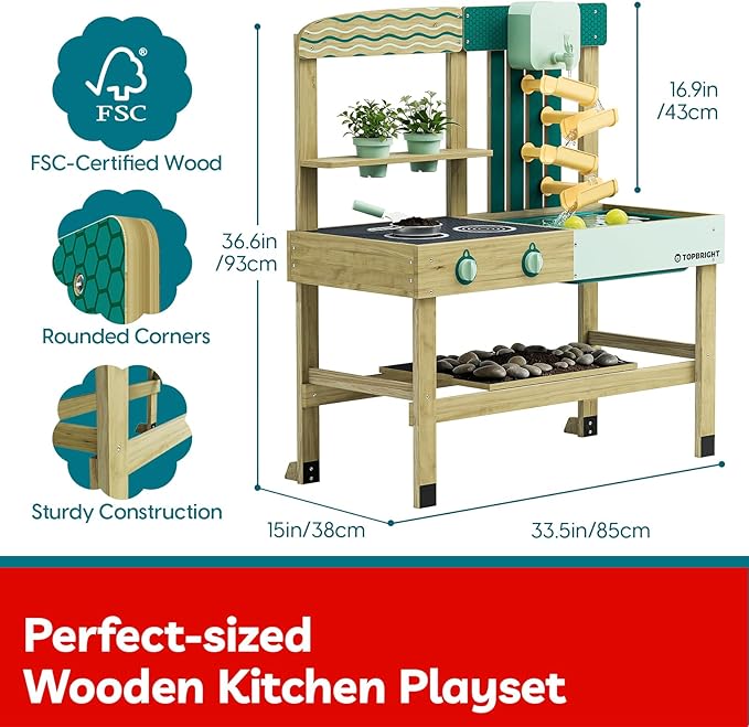TOP BRIGHT 4 In 1 Mud Kitchen for Kids, Wooden Outdoor Playhouse for Water & Sand Play, Cooking & Gardening Playset with Accessories, Sensory Table Set, Backyard Pretend Play Toy for Boys Girls Ages 3