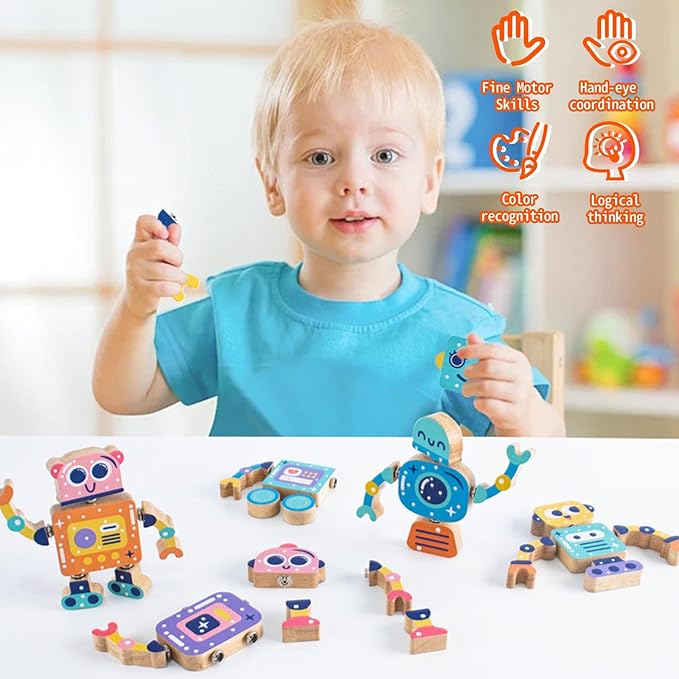 Wooden Robot Snap Building Blocks for Toddlers 1-3 4-8 2-4 Kids, 28 Psc Sets, Flexible Joint, Educational Montessori Fine Motor Skills Toys 3-4, STEM Toys, Birthday for Boys & Girls