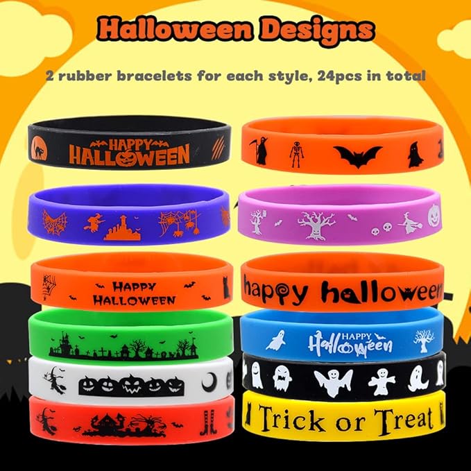 48Pcs Halloween Party Favors Halloween Slap Bracelets Rubber Wristbands Assorted Gifts for Kids - Trick or Treat Toys, Halloween Bag Stuffers Goody Bag Fillers Classroom Prizes