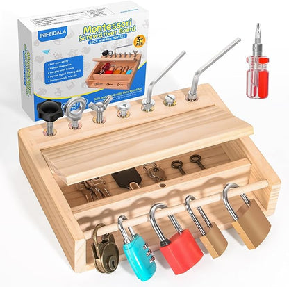 INIFEIDALA Montessori Screwdriver Board Set - Lock and Key Toy,Busy Board Toys for 3 4 5 Year Old,Kids Tool Set, Preschool Learning Sensory Fine Motor Skills STEM Toys