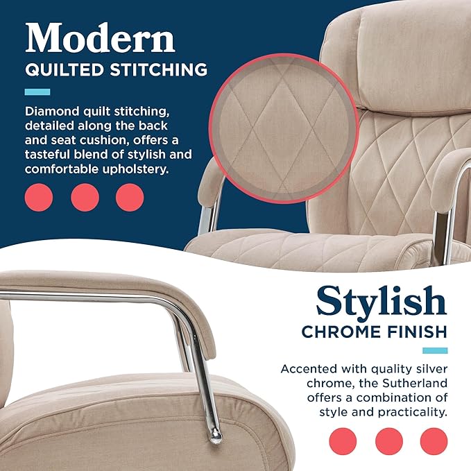 La-Z-Boy Sutherland Quilted Leather Executive Office Chair with Padded Arms, High Back Ergonomic Desk Chair with Lumbar Support, Cream Microfiber Fabric