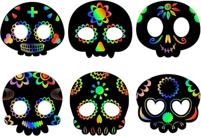 48pcs Halloween Scratch Mask, Skull Magic Scratch Paper Art Masks Set Funny Paper Art Craft Kit Halloween Party Favor Supplies for Kids