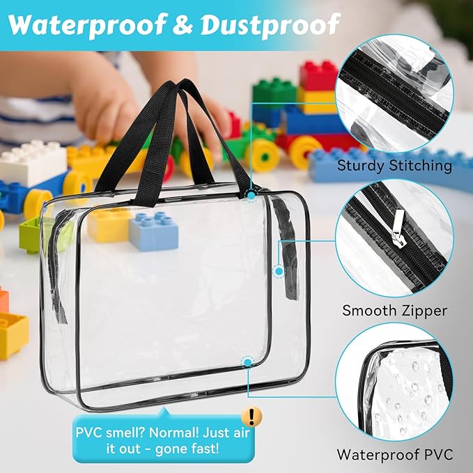 4 Pack Toy Storage Bags, Clear PVC Toy Organizer with Zipper, Large Black Waterproof Reusable Toy Bags with Labels for Puzzles, Building Blocks, Board Game, Stationery, Kids Books