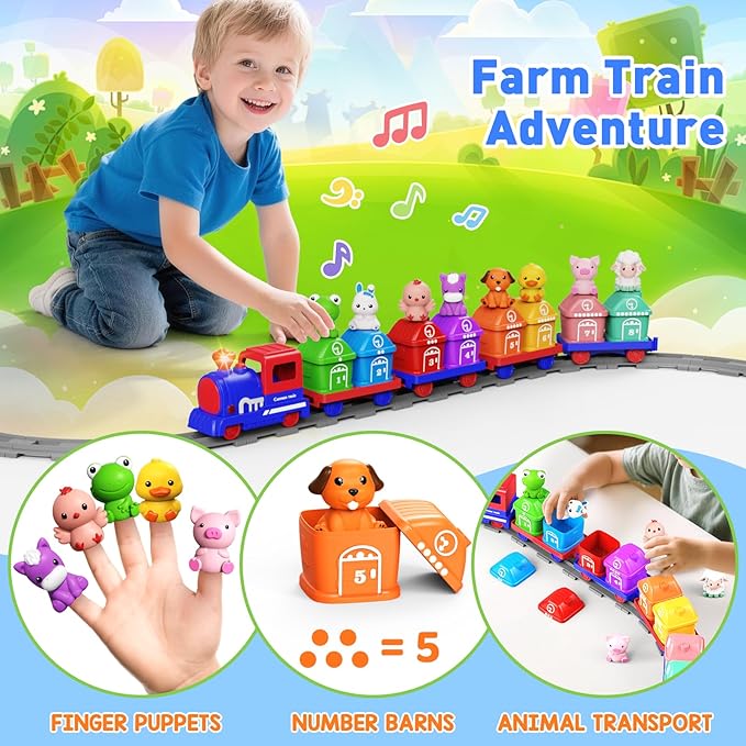 Train Set for Toddlers 2-4, Electric Toy Train with Farm Animals & Music & Lights, Montessori Counting & Sorting Learning Toys for 1 2 3 Year Old Boys Girls, Christmas Easter Birthday Gift