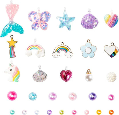 OSNIE Kids DIY Bead Jewelry Making Kit with 400+ Beads & Charms for Creative Bracelets Necklaces Rings, Children Mermaid Starfish Shell Princess Necklace Bracelets Making Art Craft Bead Kit for Girls