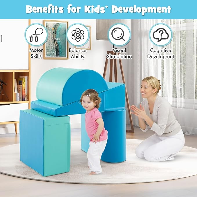 HONEY JOY 5-Piece Climb and Crawl Playset, Soft Climbing Foam Block Activity Play Structure Gym Equipment for Infant Baby, Color Coordination, Waterproof Indoor Climbing Toys for Toddlers (Blue)