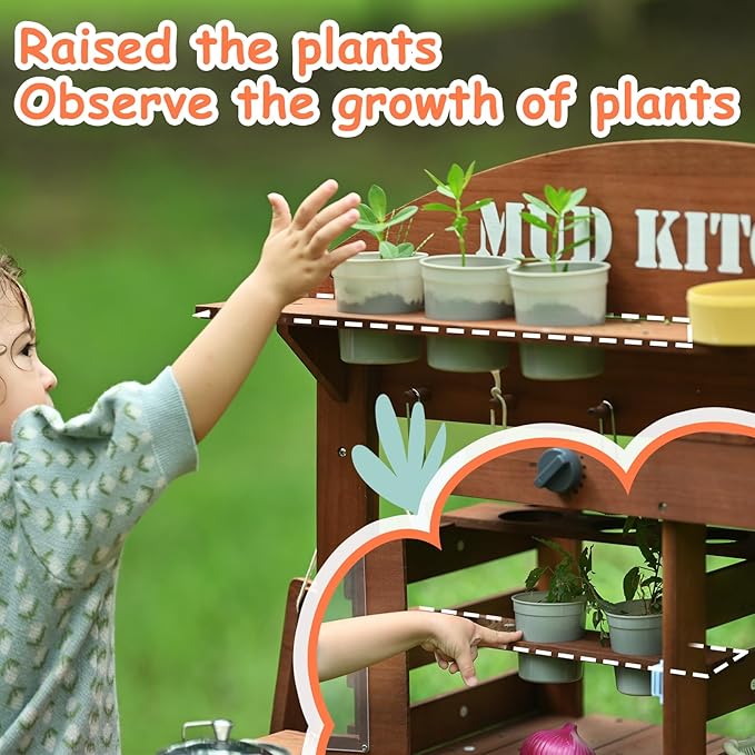 Mud Kitchen for Kids Outdoor, Kids Play Kitchen with Accessories Wooden Play Kitchen Set with Sink, Faucet, Plants Observation Room, Toddler Outdoor Mud Kitchen for Backyard Garden